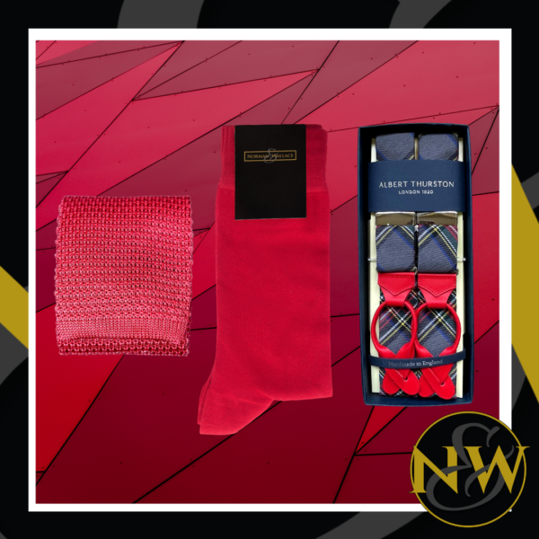 Feel Red Hot with our special gift pack. Including bamboo red socks, red knitted tie and red & blue tartan braces. Only one pack available.