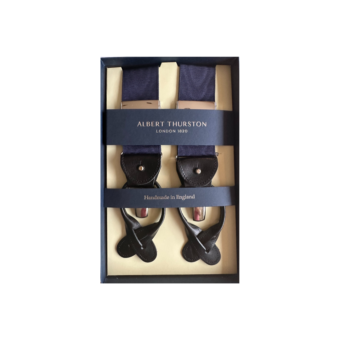 thumbnail image 2 of Albert Thurston Black Moire Braces With Silver Fittings & Black Leather Tabs – Men's Button Attachment, Made In UK 2 of 3