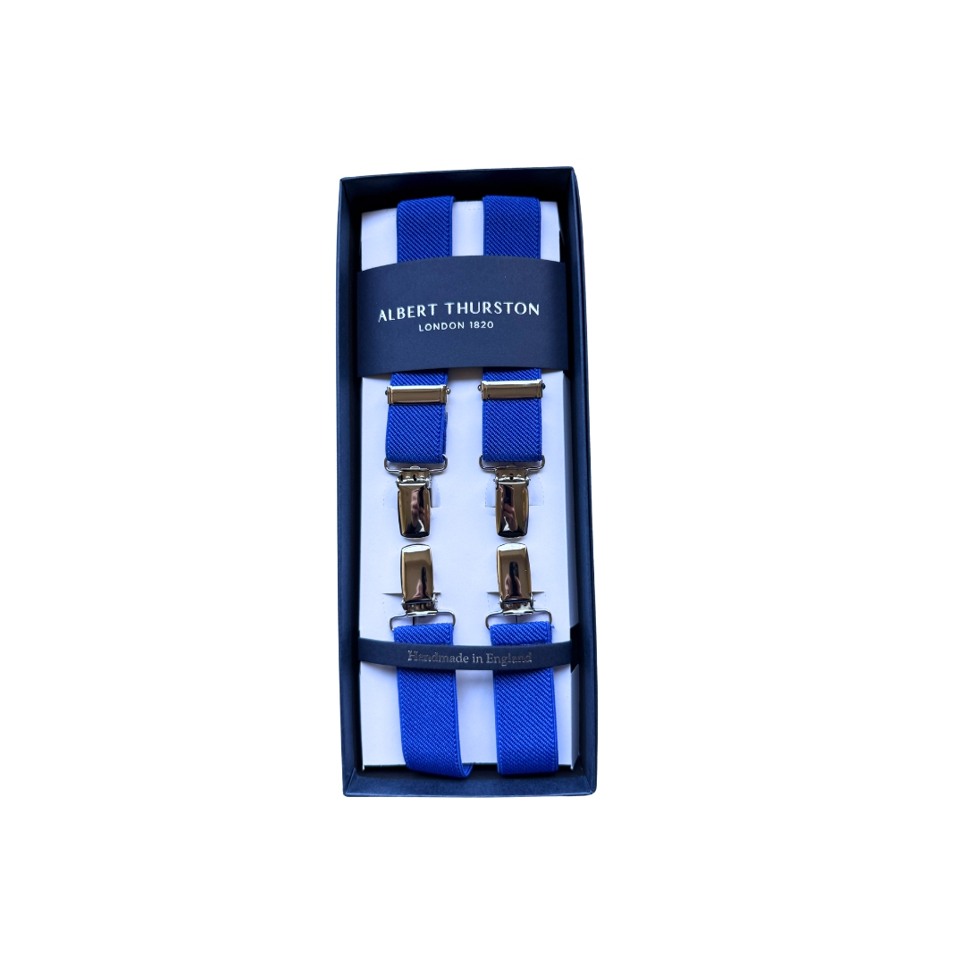 Royal blue elastic clip braces with silver-tone clips in presentation box.